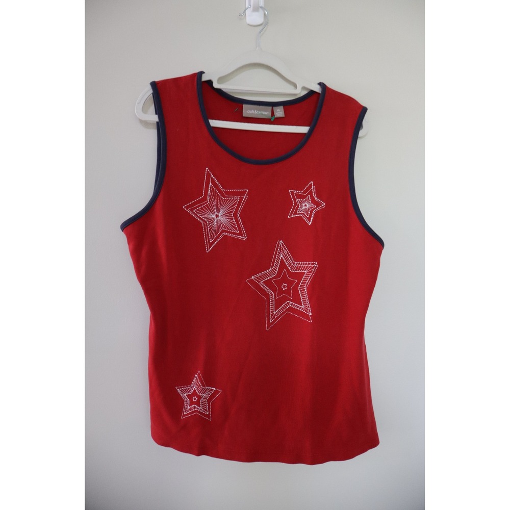 Americana Patriotic Croft & Barrow Tank Top XL Red Embroidered Star Sleeveless